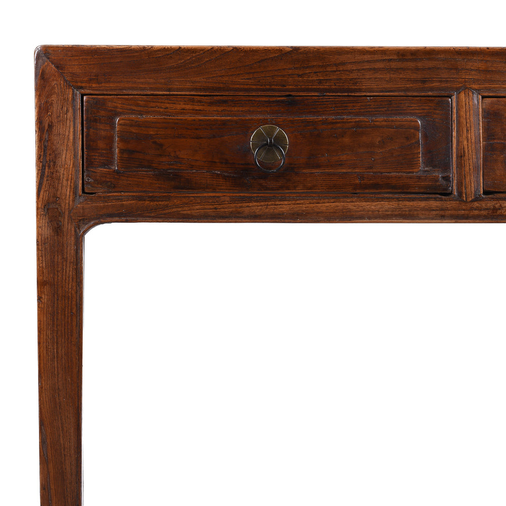 Corner Detail From Yumu Elm Two Drawer Shanxi Altar Console Table Nineteenth Century