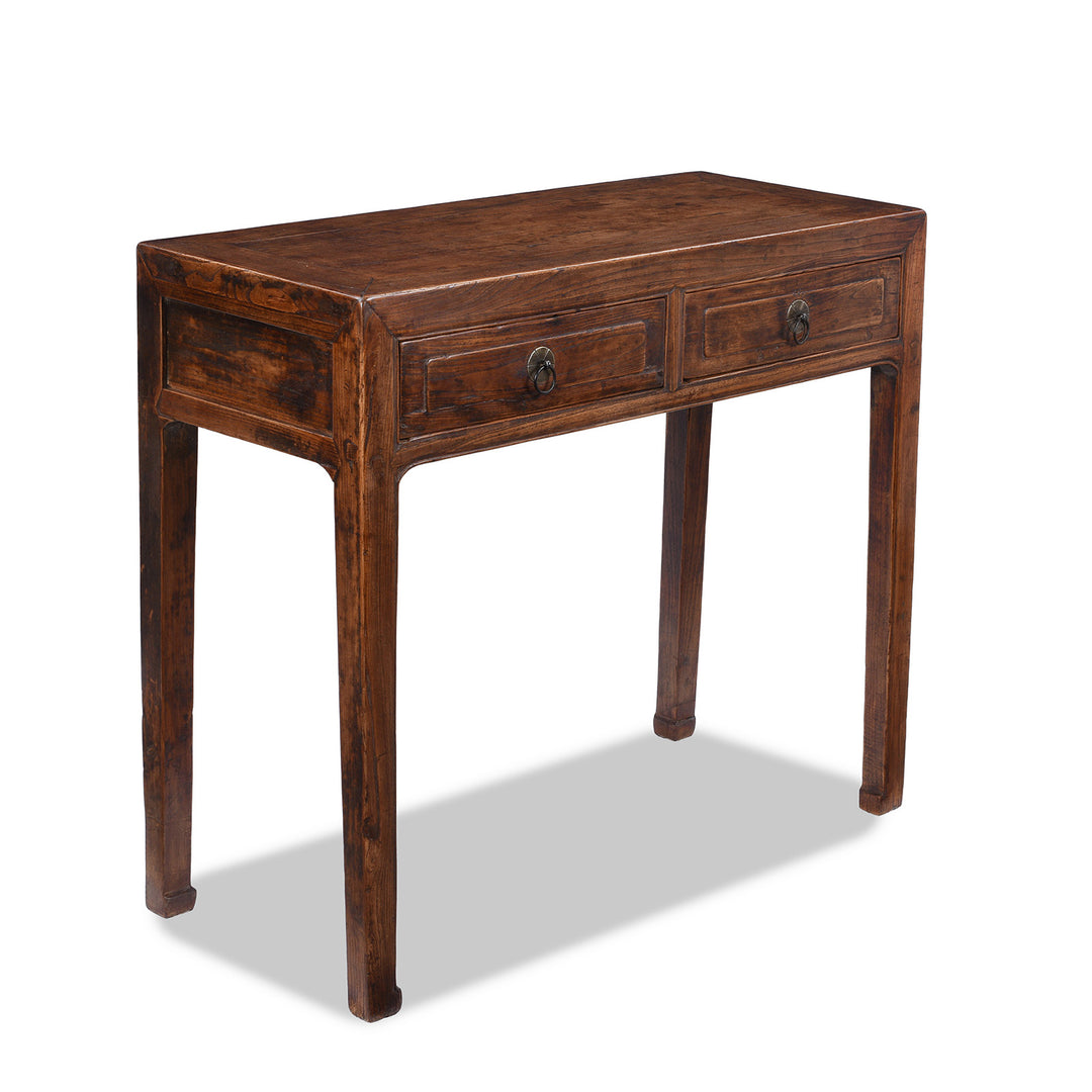Angled View Of Yumu Elm Two Drawer Shanxi Altar Console Table Nineteenth Century