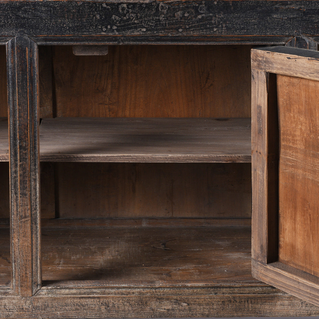 Interior Detail From Elm Grain Store Sideboard From Shanxi Province China With Three Doors And Dark Aged Patina | Indigo Antiques