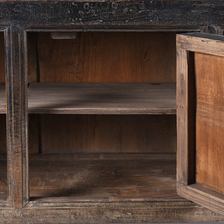 Interior Detail From Elm Grain Store Sideboard From Shanxi Province China With Three Doors And Dark Aged Patina | Indigo Antiques