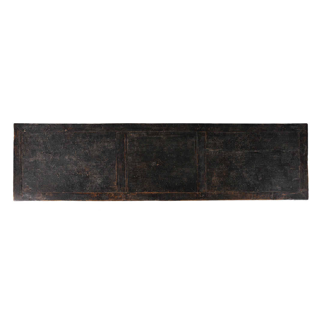 Top Down View Of Elm Grain Store Sideboard From Shanxi Province China With Three Doors And Dark Aged Patina | Indigo Antiques