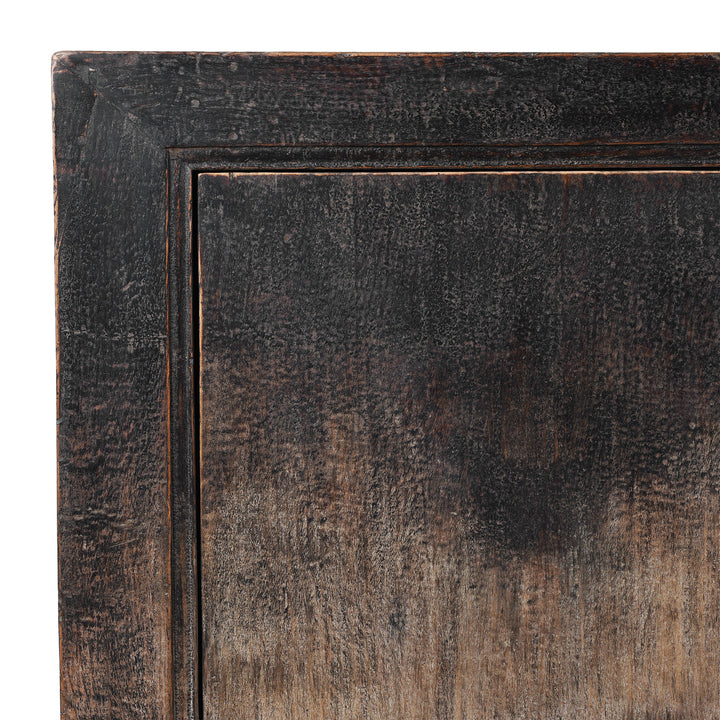 Corner Detail From Elm Grain Store Sideboard From Shanxi Province China With Three Doors And Dark Aged Patina | Indigo Antiques
