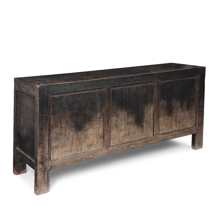 Angled View Of Elm Grain Store Sideboard From Shanxi Province China With Three Doors And Dark Aged Patina | Indigo Antiques