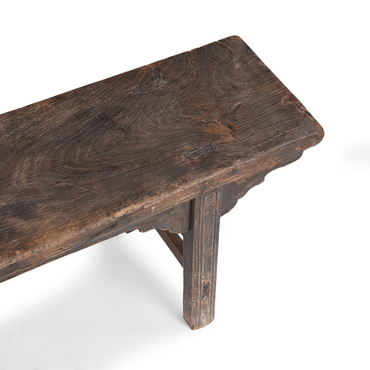 Angled View Of Antique Elm Chinese Spring Bench From Shanxi Province | Indigo Antiques  