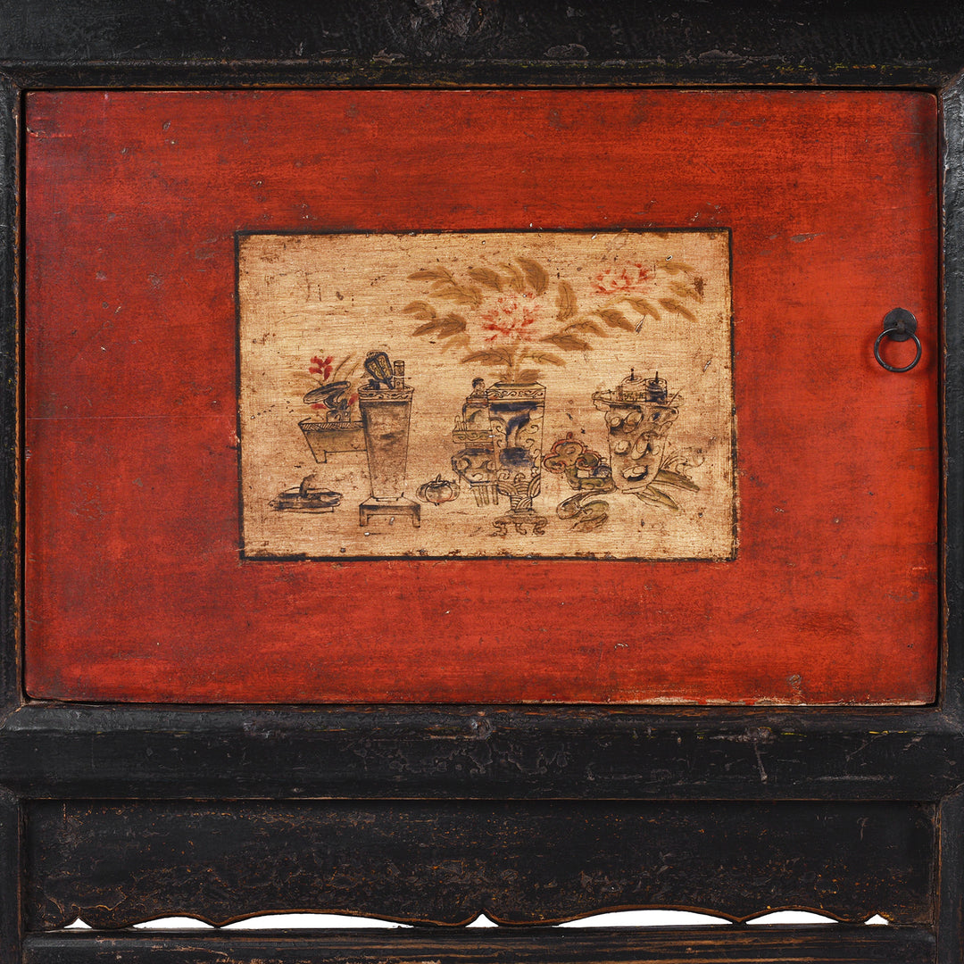 Door Detail From Antique Chinese Painted Gansu Grain Store Sideboard
