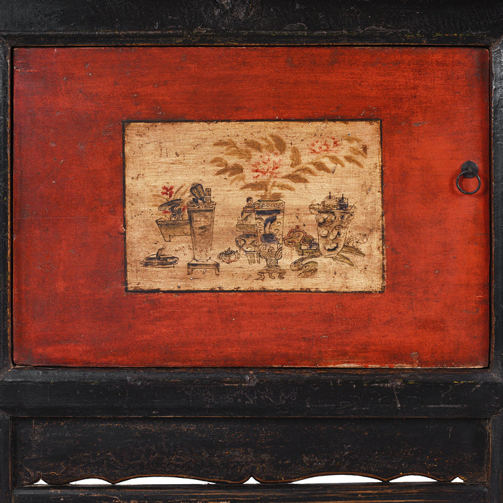 Door Detail From Antique Chinese Painted Gansu Grain Store Sideboard