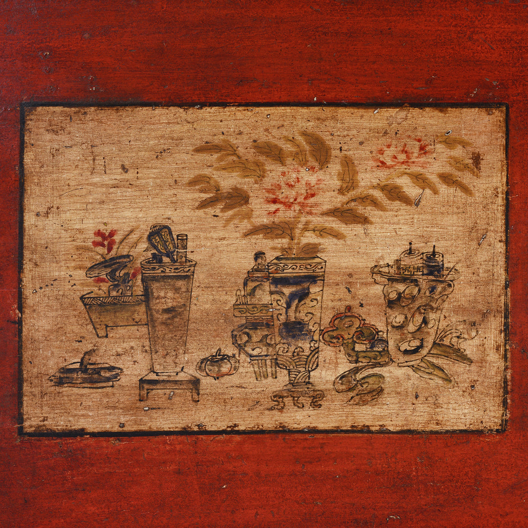 Artowrk Detail From Antique Chinese Painted Gansu Grain Store Sideboard