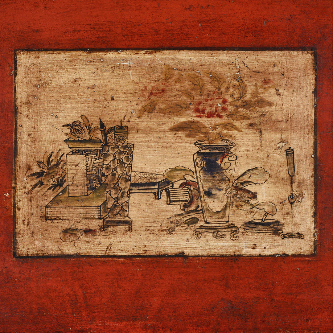 Artwork Detail From Antique Chinese Painted Gansu Grain Store Sideboard