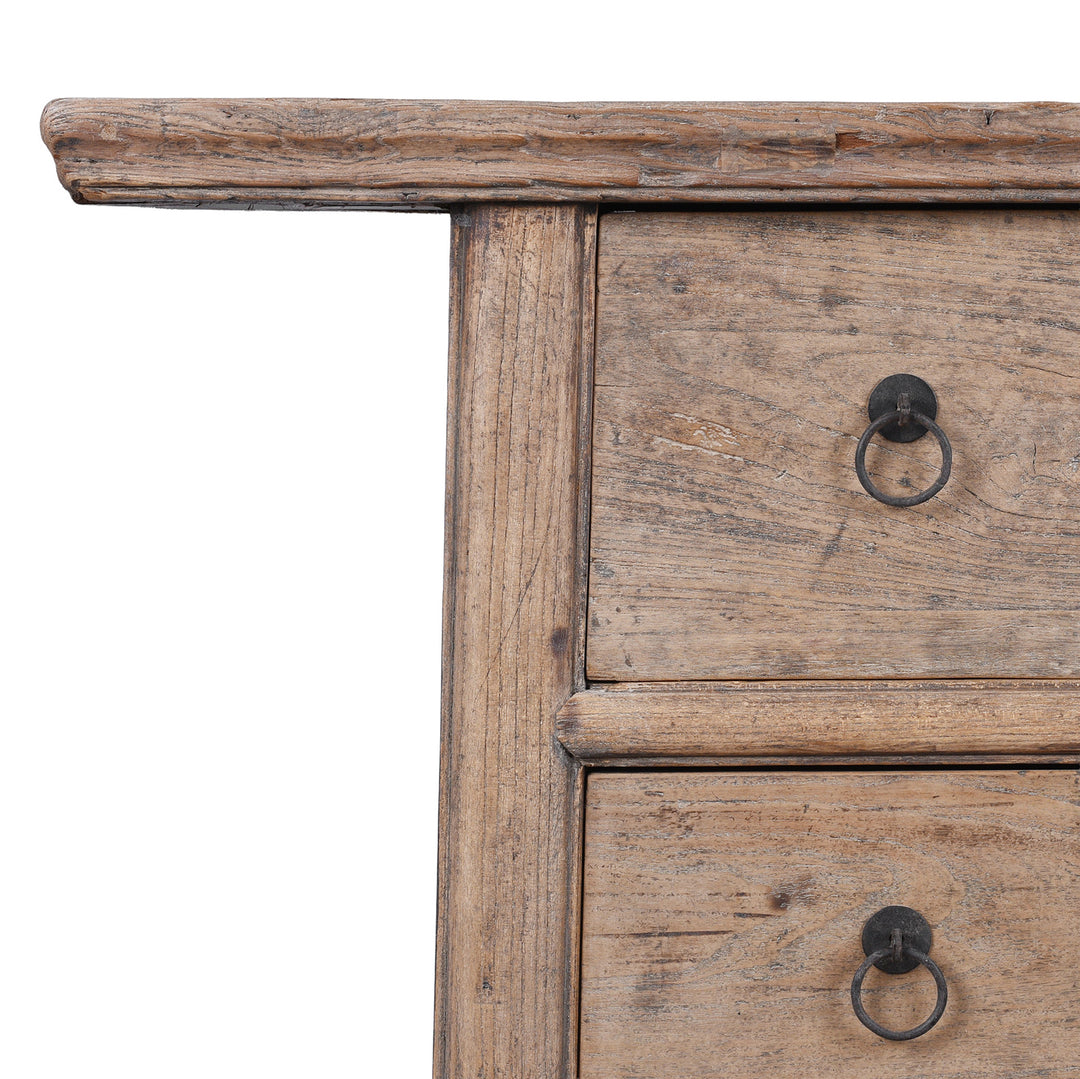 Corner Detail From 19th Century Shanxi Elm Console Table With Four Drawers And Original Ring Pull Handles | Indigo Antiques