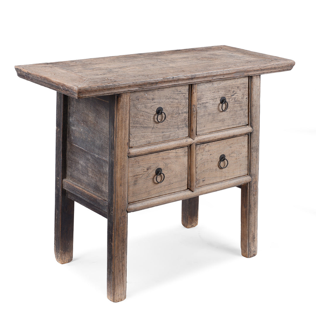 Angled VIew Of 19th Century Shanxi Elm Console Table With Four Drawers And Original Ring Pull Handles | Indigo Antiques