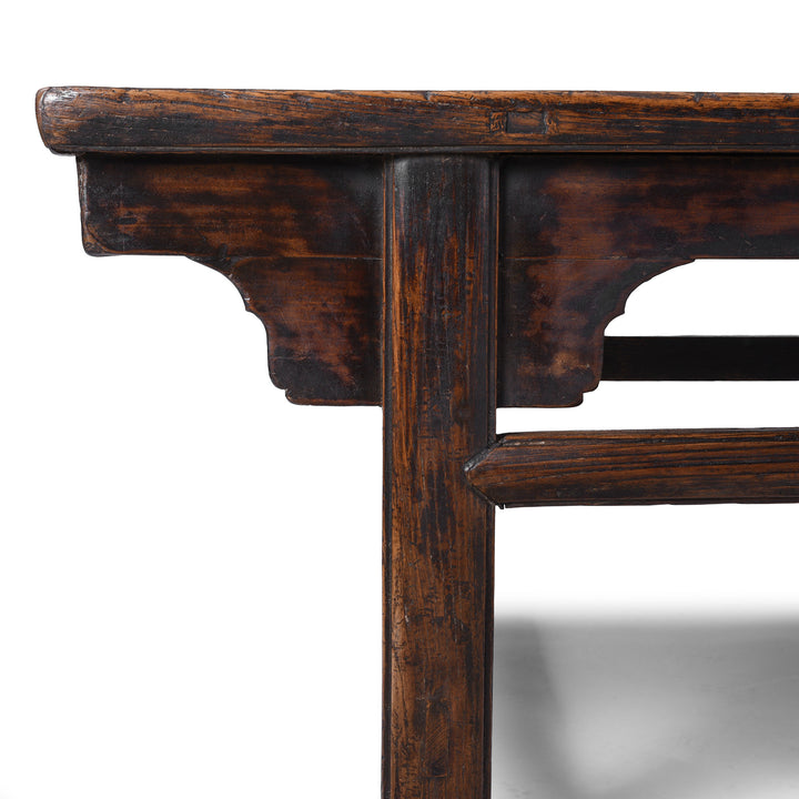 Corner Detail From Old Chinese Elm Painters Table With Dark Worn Lacquer And Rich Patina Adapted As Coffee Table