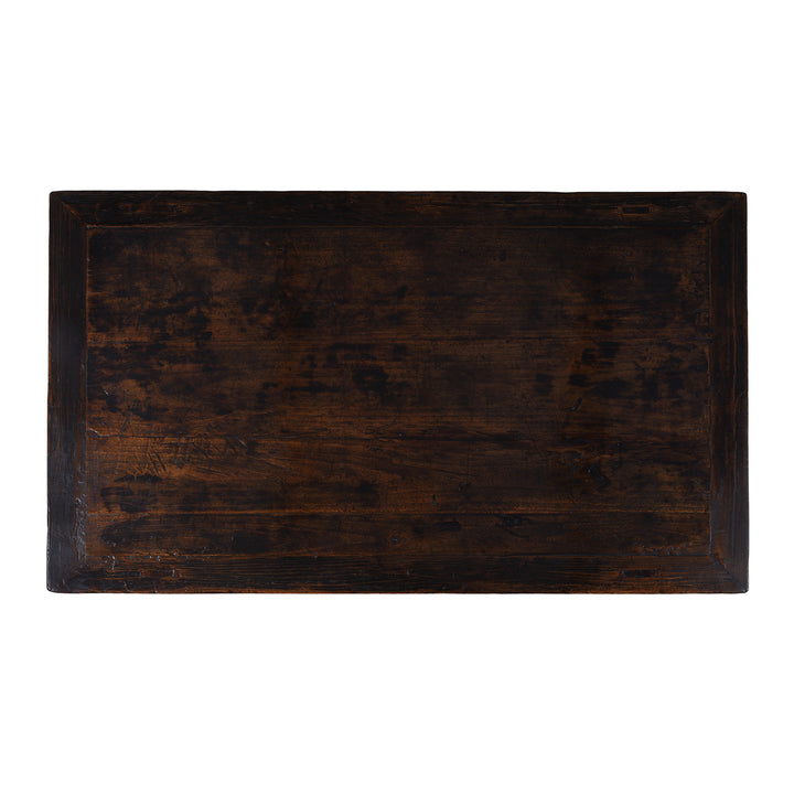Top Down VIew Of Old Chinese Elm Painters Table With Dark Worn Lacquer And Rich Patina Adapted As Coffee Table