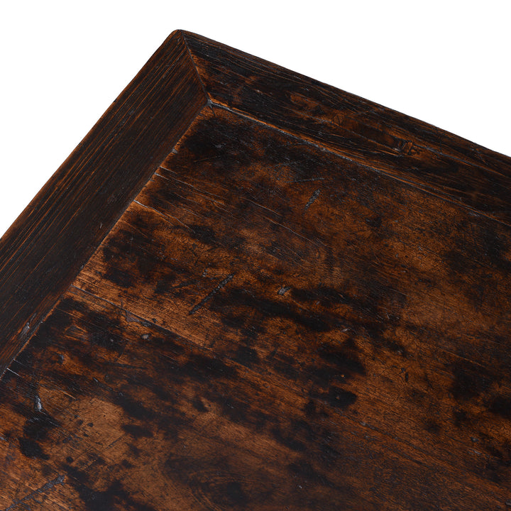 Surface Detail From Old Chinese Elm Painters Table With Dark Worn Lacquer And Rich Patina Adapted As Coffee Table