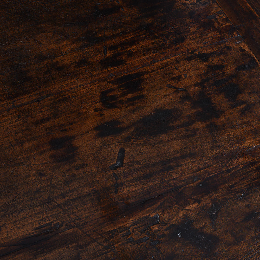 Surface Detail From Old Chinese Elm Painters Table With Dark Worn Lacquer And Rich Patina Adapted As Coffee Table