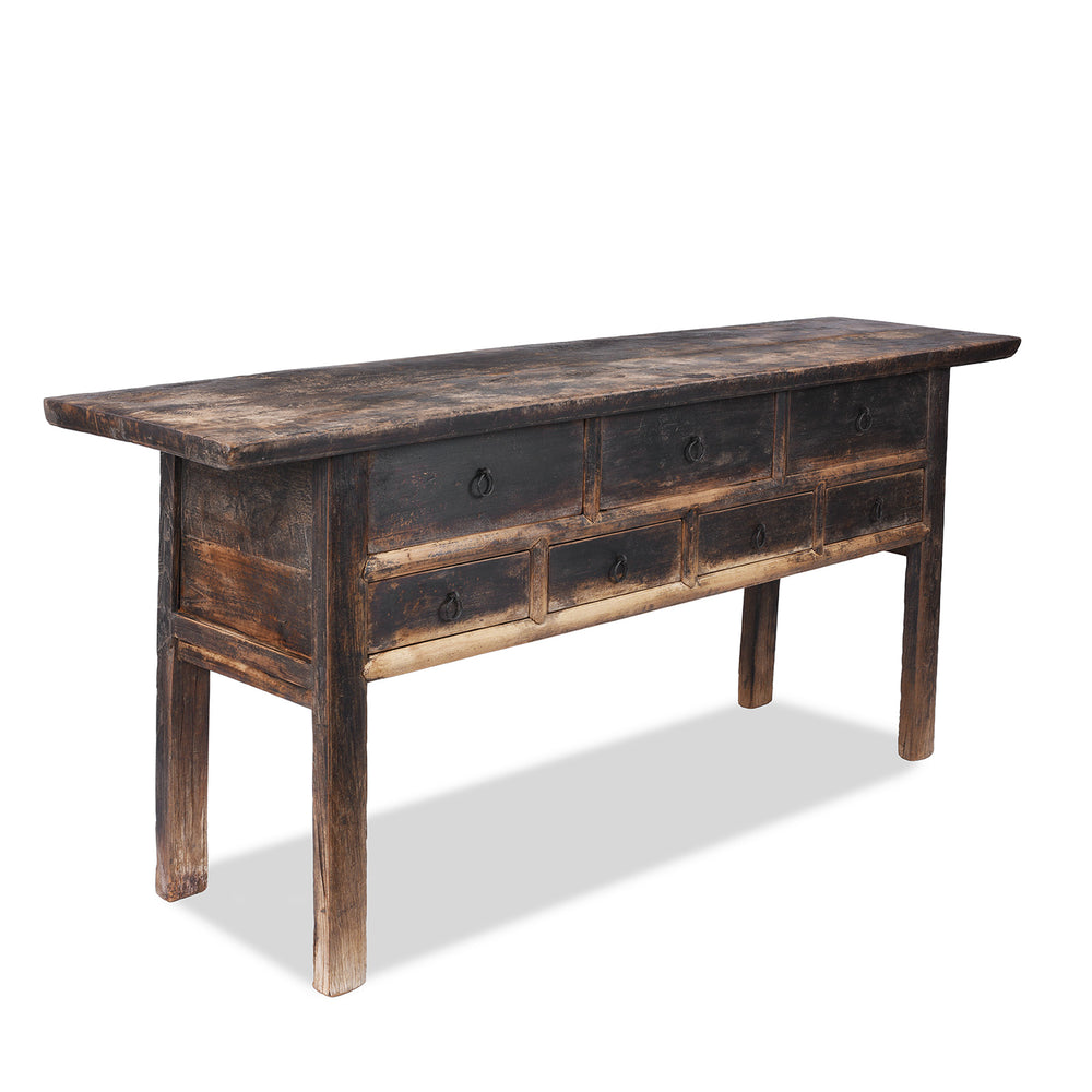 Angled VIew Of 19th Century Chinese Nanmu Altar Table With Seven Drawers And Faded Black Lacquer Finish