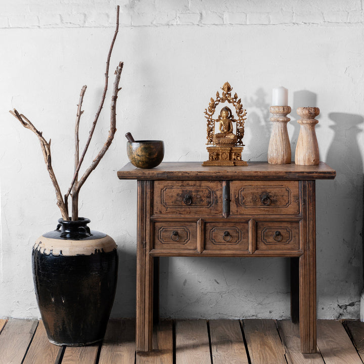 Antique 5 Drawer Elm Coffer Table From Shanxi With Worn Black Lacquer