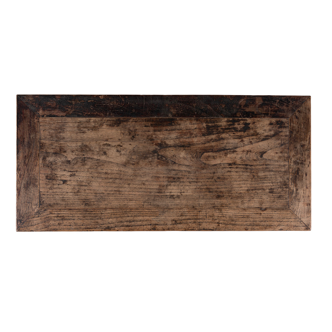 Top Down View Of Antique 5 Drawer Elm Coffer Table From Shanxi With Worn Black Lacquer