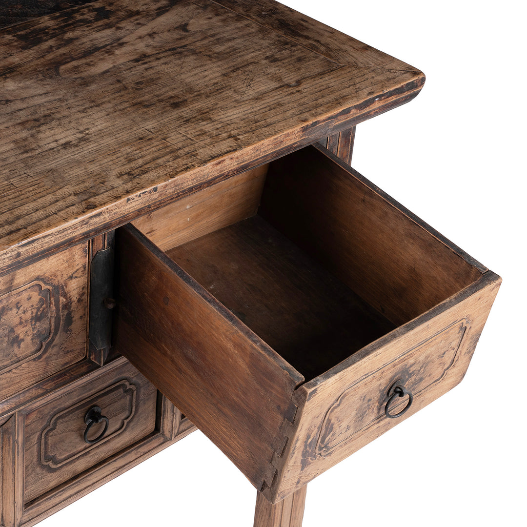 Drawer Interior Of Antique 5 Drawer Elm Coffer Table From Shanxi With Worn Black Lacquer