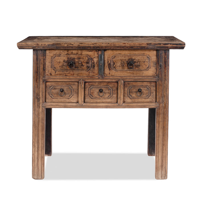 Antique 5 Drawer Elm Coffer Table From Shanxi With Worn Black Lacquer