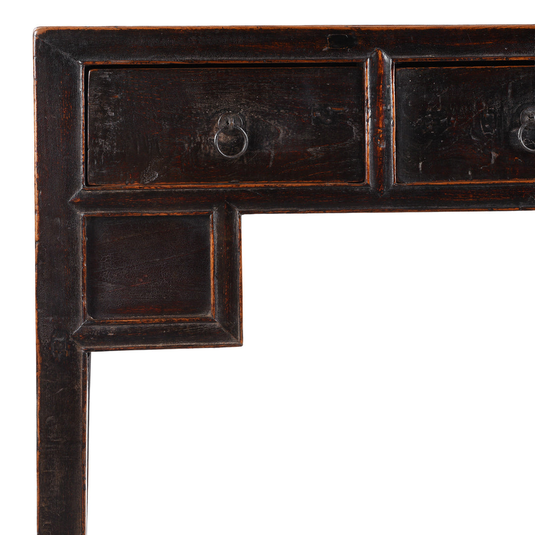 Corner Detail From Chinese Black Lacquer Three Drawer Kneehole Desk With 3 Drawers And Metal Ring Pull Handles