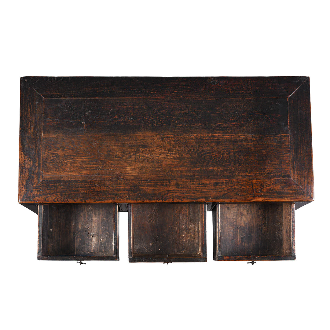 Top Down View Of Chinese Black Lacquer Three Drawer Kneehole Desk With 3 Drawers And Metal Ring Pull Handles