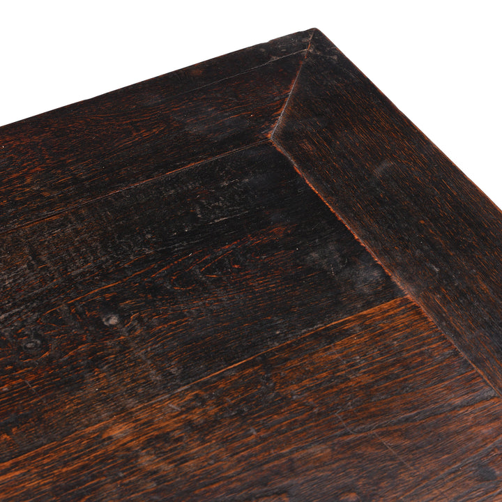 Top Down Corner Detail From Chinese Black Lacquer Three Drawer Kneehole Desk With 3 Drawers And Metal Ring Pull Handles