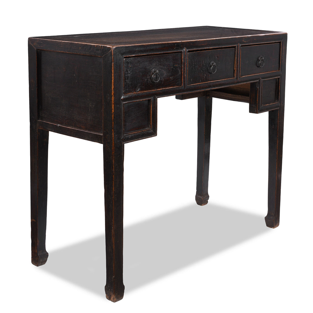 Angled View Of Chinese Black Lacquer Three Drawer Kneehole Desk With 3 Drawers And Metal Ring Pull Handles