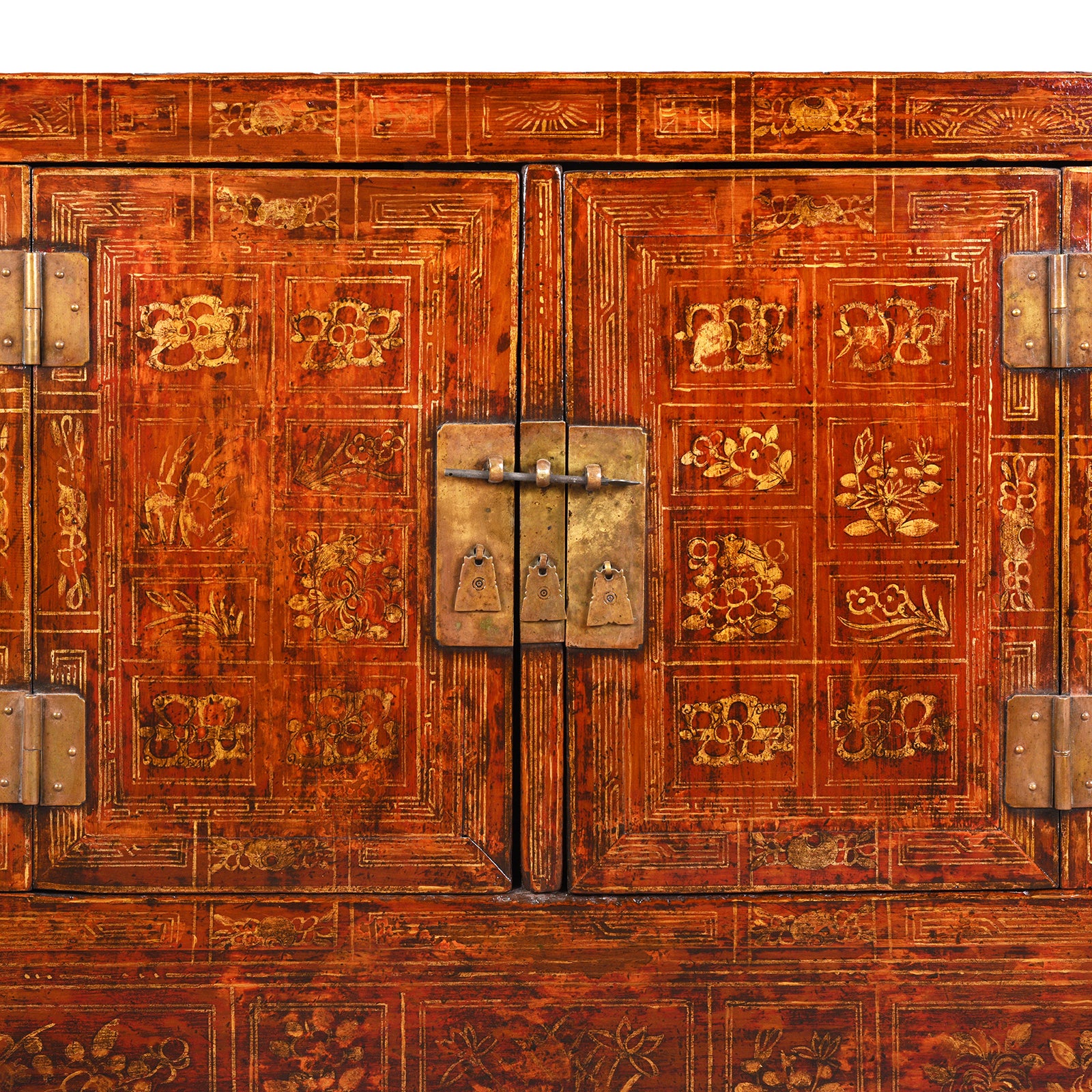 Red Lacquer Dongbei Sideboard With Gold Floral Motifs And Traditional Brass Hardware.