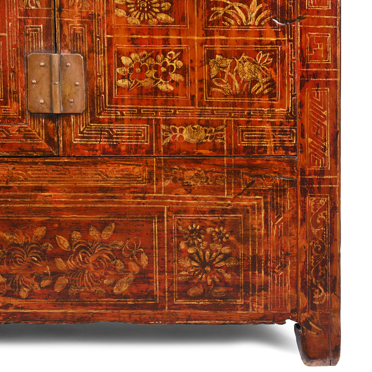 Detail Of Paintwork From Red Lacquer Dongbei Sideboard With Gold Floral Motifs And Traditional Brass Hardware.