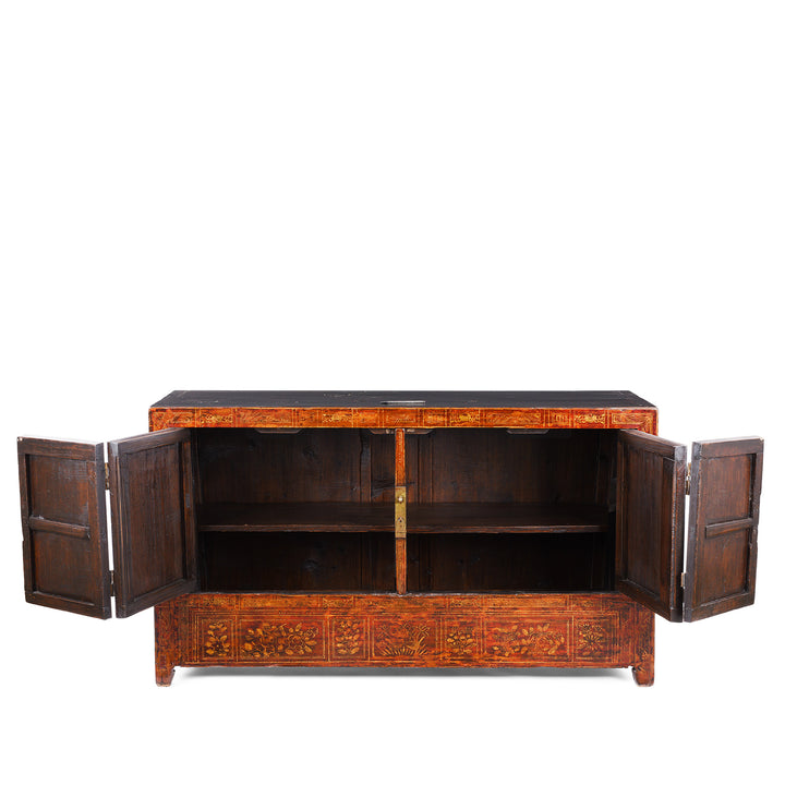 Interior View Of Red Lacquer Dongbei Sideboard With Gold Floral Motifs And Traditional Brass Hardware.