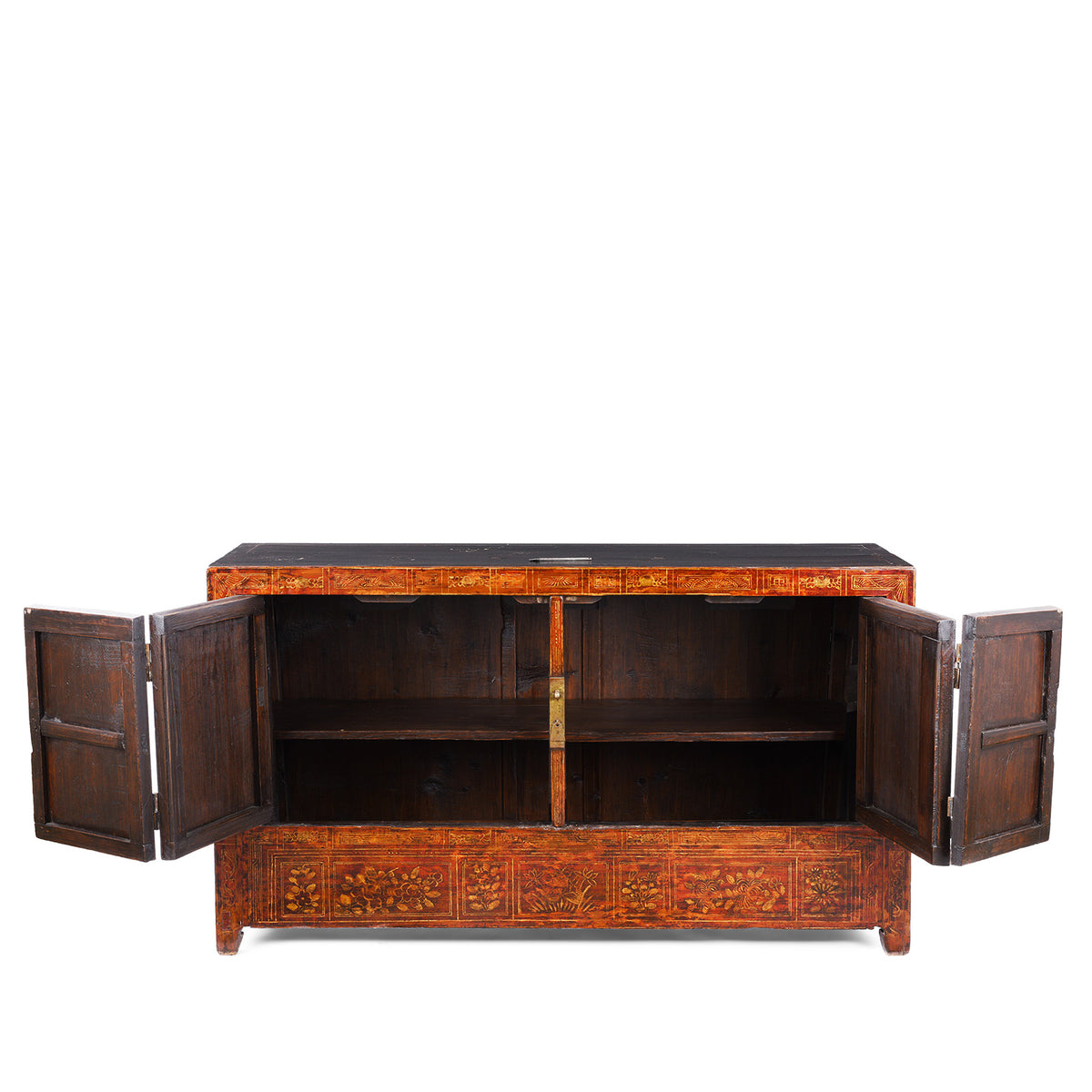 Interior View Of Red Lacquer Dongbei Sideboard With Gold Floral Motifs And Traditional Brass Hardware.