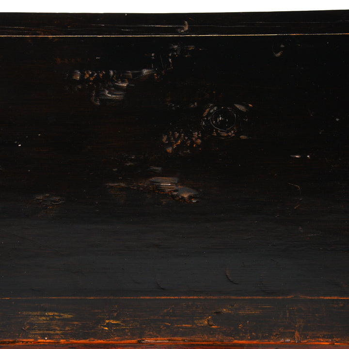 Detail Of Patina From Red Lacquer Dongbei Sideboard With Gold Floral Motifs And Traditional Brass Hardware.