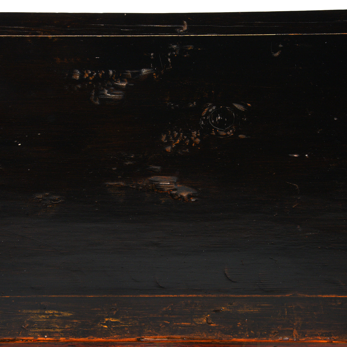 Detail Of Patina From Red Lacquer Dongbei Sideboard With Gold Floral Motifs And Traditional Brass Hardware.