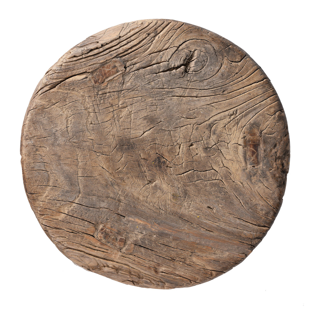 Antique rustic burr elm stool with visible grain