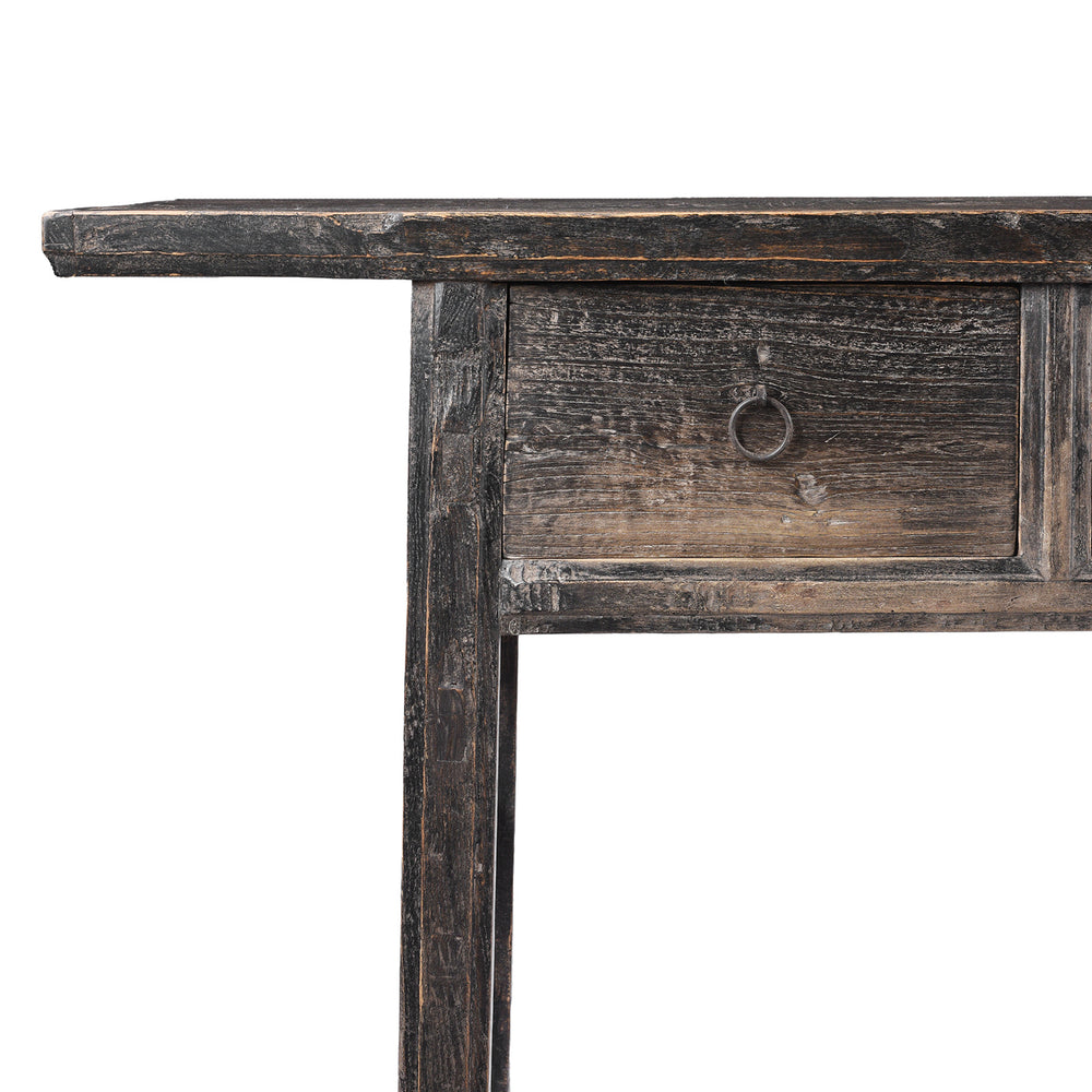 Corner Detail From Antique Black Lacquer Console Table With 5 Drawers | Indigo Antiques