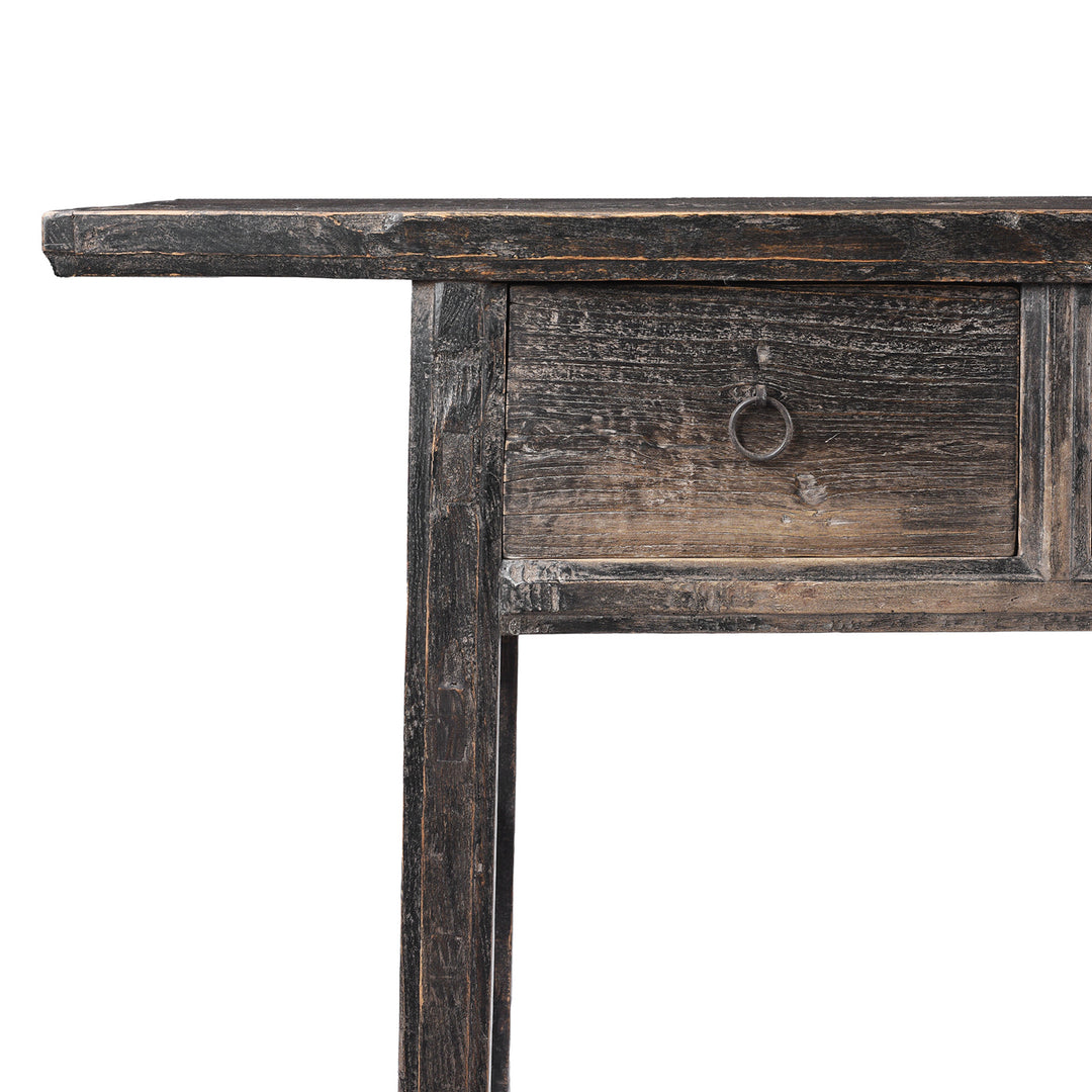 Corner Detail From Antique Black Lacquer Console Table With 5 Drawers | Indigo Antiques