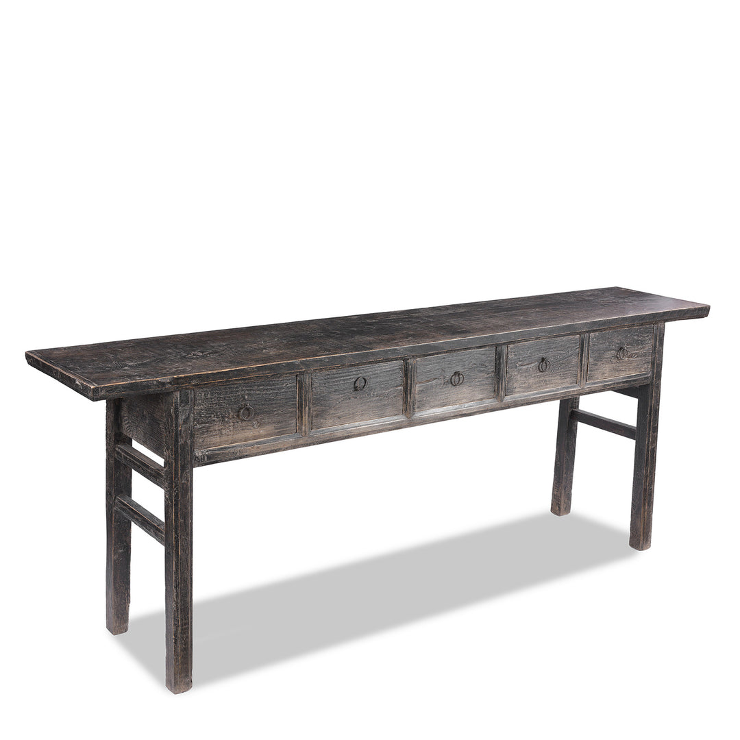 Angled View Of Antique Black Lacquer Console Table With 5 Drawers | Indigo Antiques