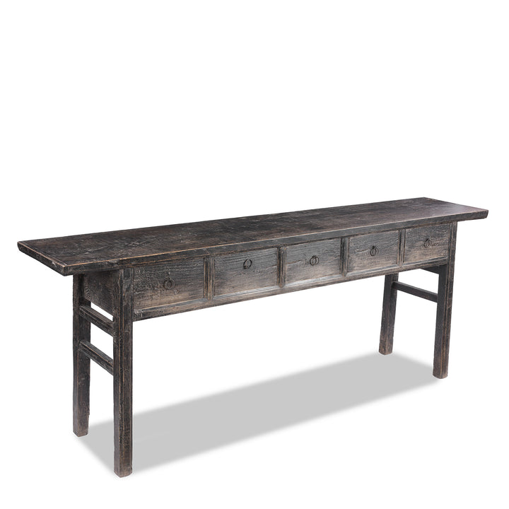 Angled View Of Antique Black Lacquer Console Table With 5 Drawers | Indigo Antiques