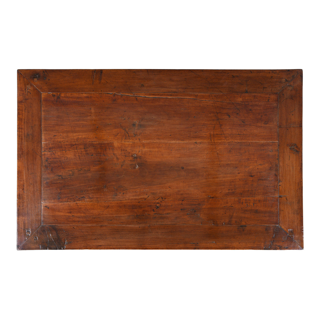 Top Down View Of 19th Century Chinese Walnut Coffee Table From Gansu Province With Shaped Apron And Rich Aged Patina
