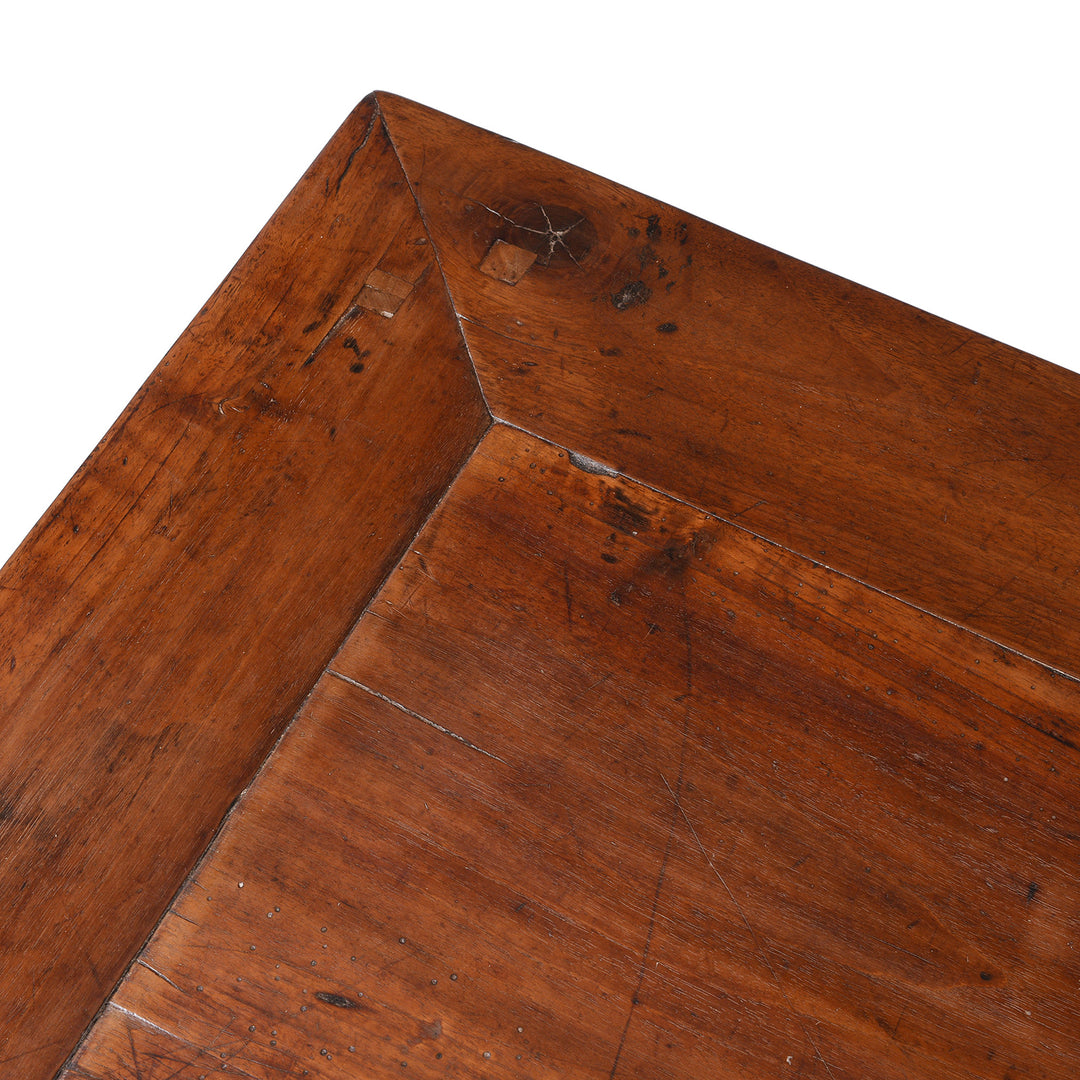 Corner Detail From 19th Century Chinese Walnut Coffee Table From Gansu Province With Shaped Apron And Rich Aged Patina