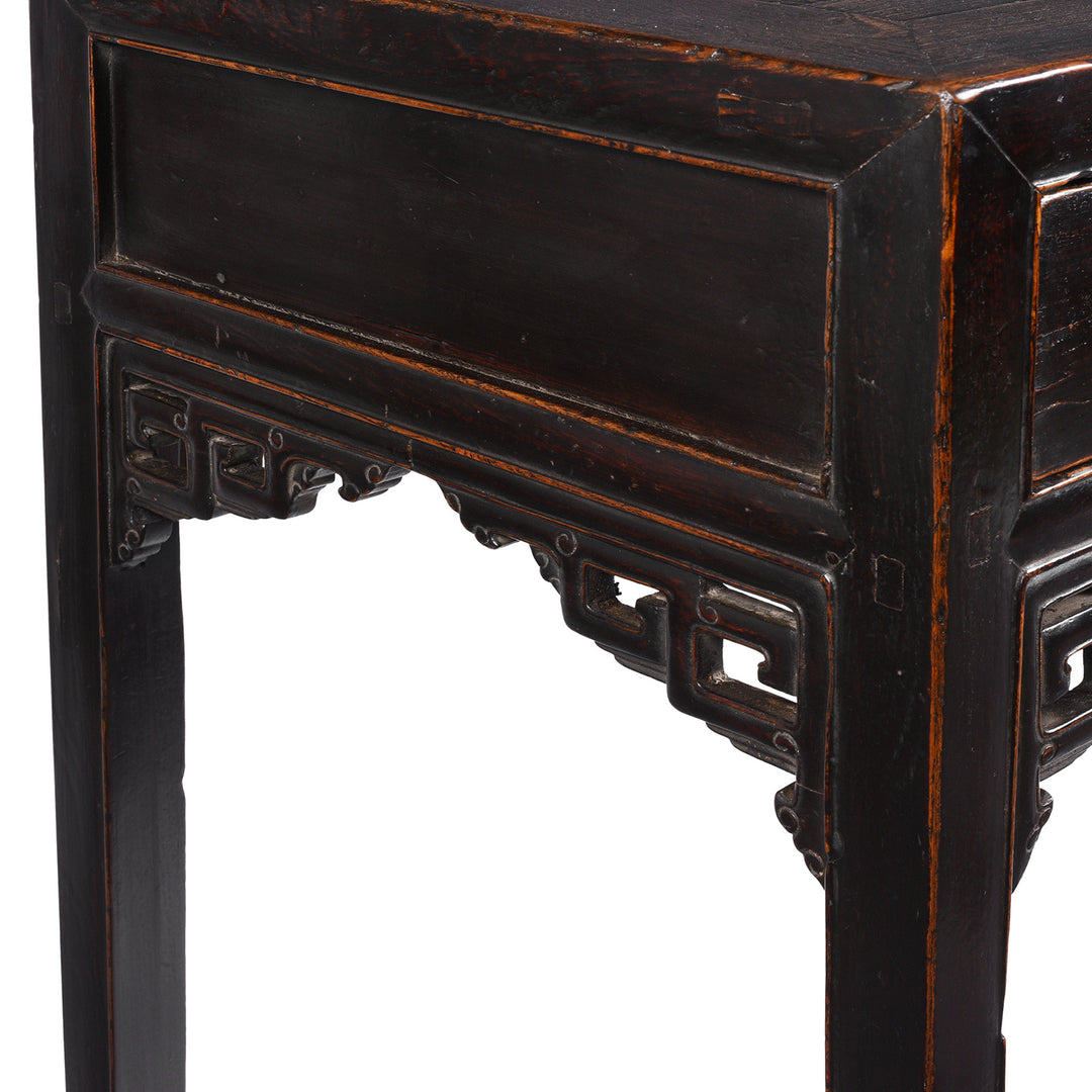Carving Detail From Antique Chinese Black Lacquer 3 Drawer Console Table | Indigo Antiques