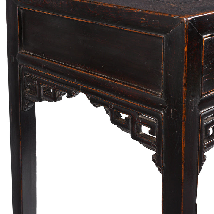 Carving Detail From Antique Chinese Black Lacquer 3 Drawer Console Table | Indigo Antiques