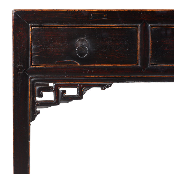 Corner Detail From Antique Chinese Black Lacquer 3 Drawer Console Table | Indigo Antiques
