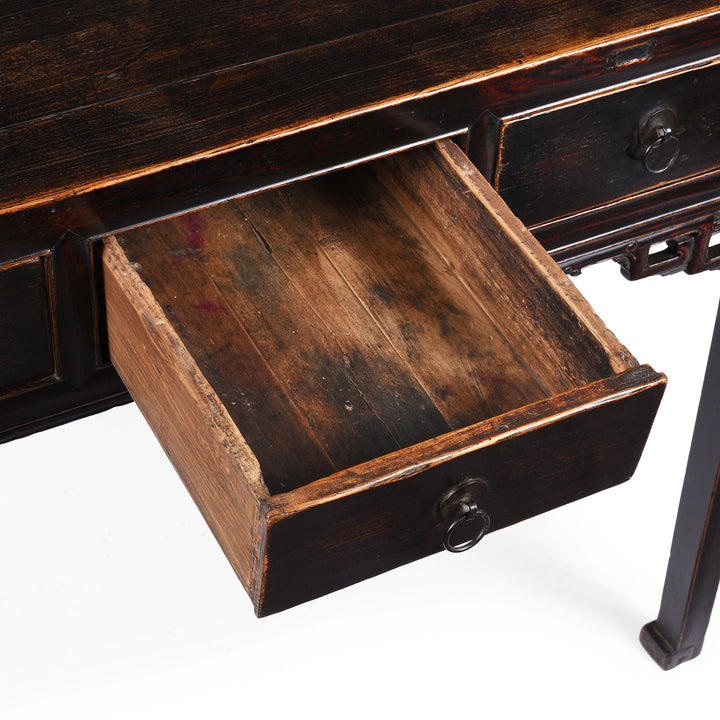 Drawer Detail From Antique Chinese Black Lacquer 3 Drawer Console Table | Indigo Antiques