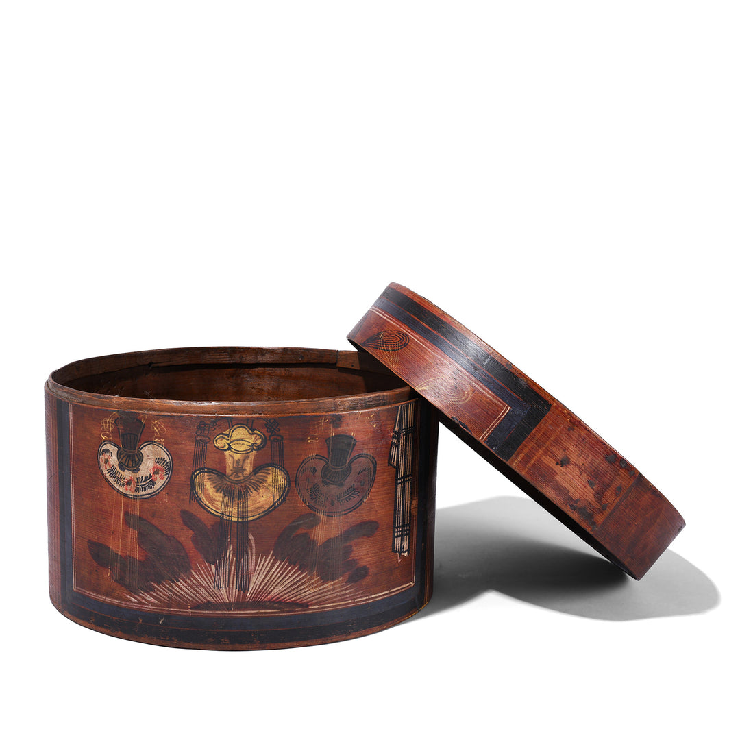 Open Lid View Of Nineteenth Century Lacquered Chinese Hat Box From Shanxi Province With Hand Painted Opera Motifs