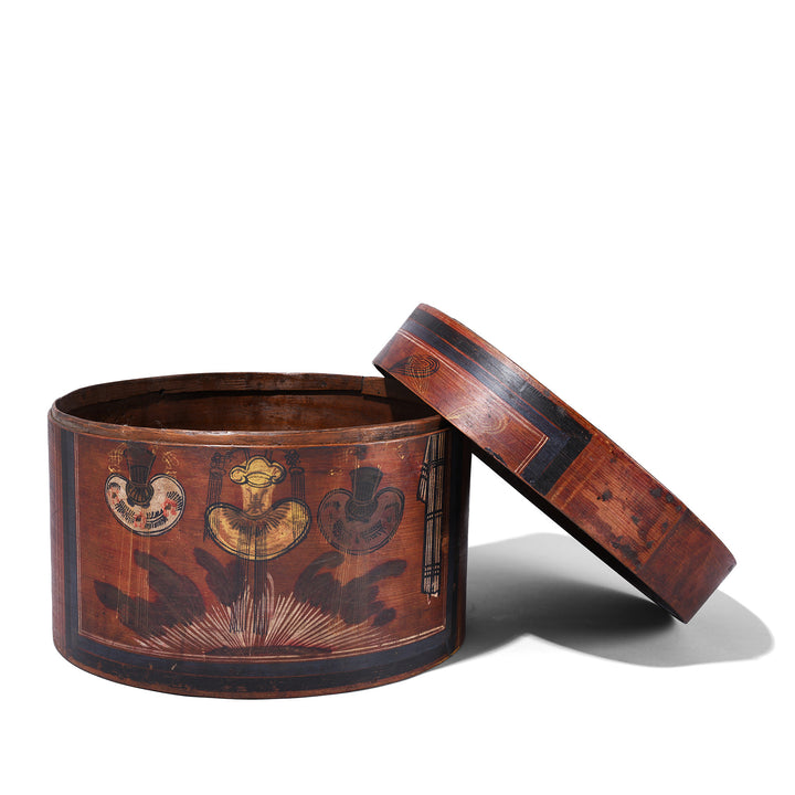 Open Lid View Of Nineteenth Century Lacquered Chinese Hat Box From Shanxi Province With Hand Painted Opera Motifs