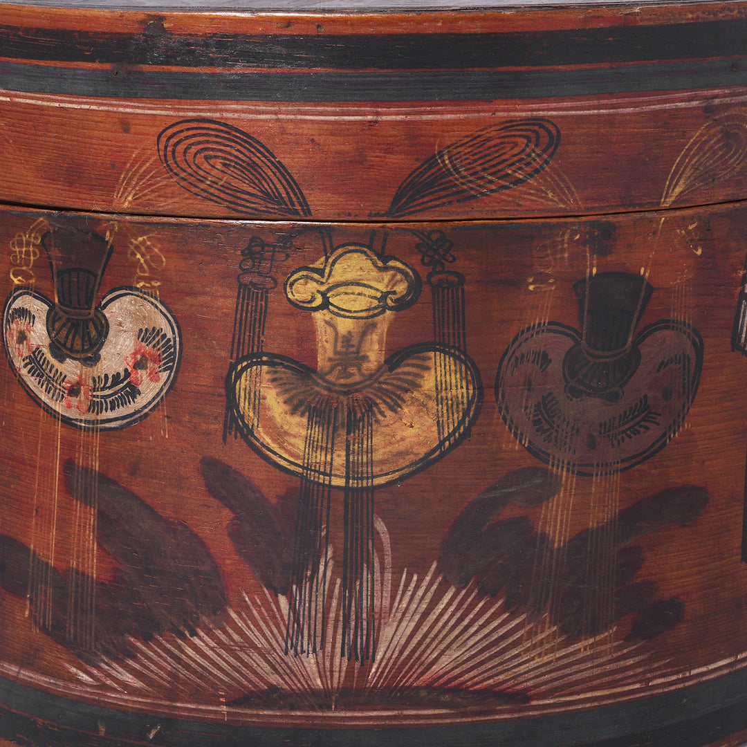 Detail Of Painting On Nineteenth Century Lacquered Chinese Hat Box From Shanxi Province With Hand Painted Opera Motifs