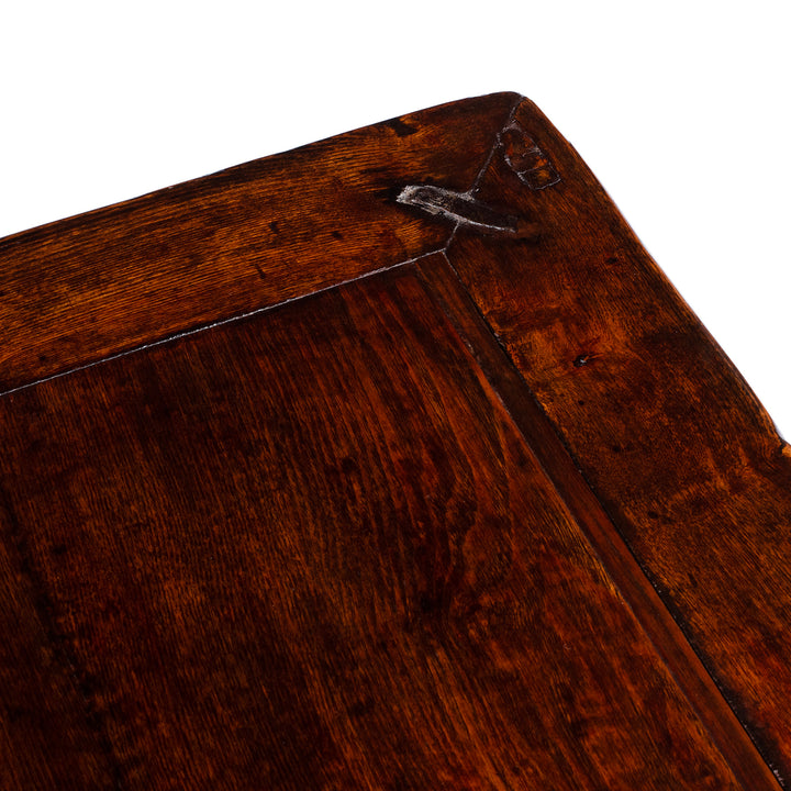 Top Corner Detail From 19th Century Chinese Shanxi Elm And Catalpa Coffee Table With Rich Dark Patina And Cabriole Legs