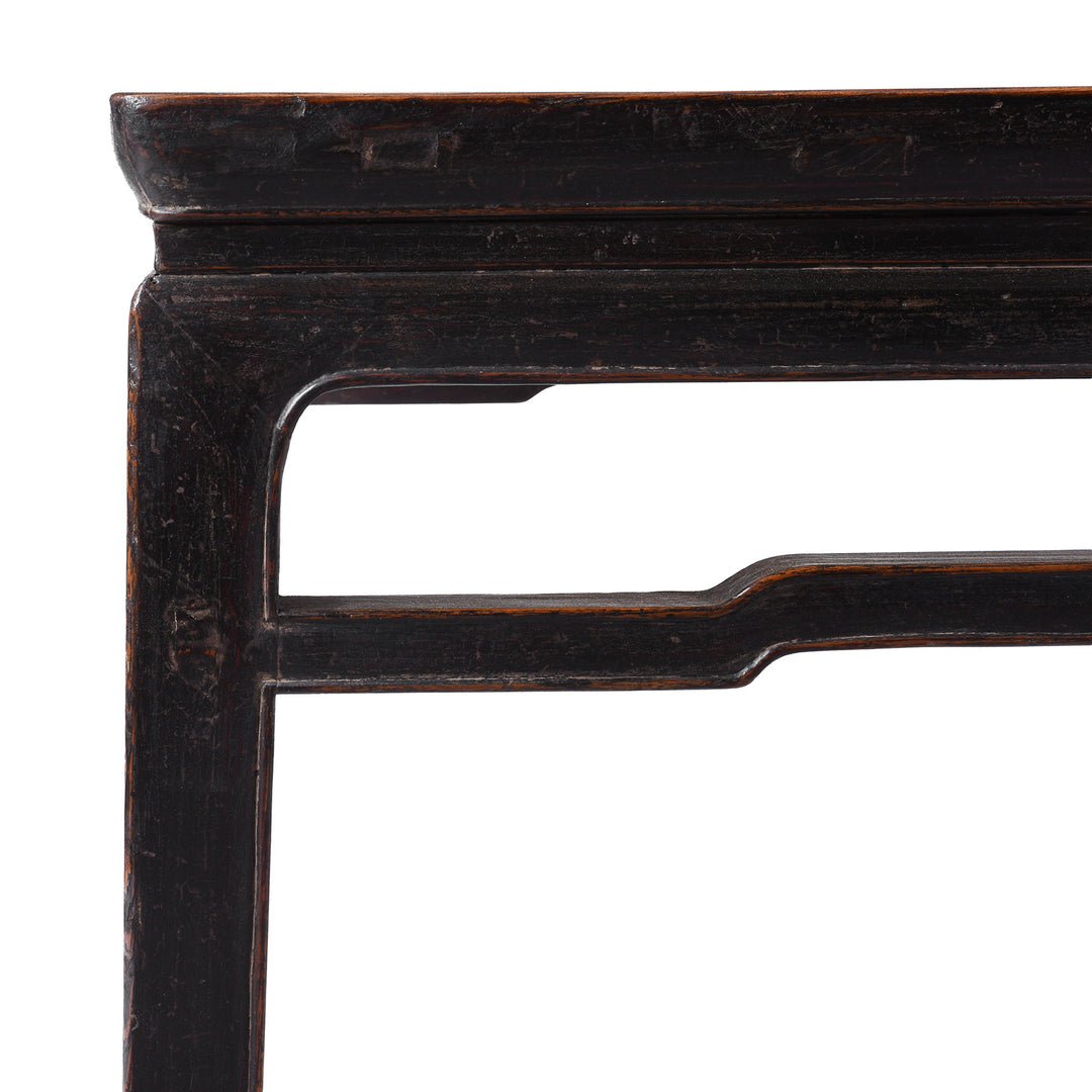 Corner Detail From 19th Century Chinese Elm Square Coffee Table From Shanxi Province With Shaped Apron And Warm Patina | Indigo Antiques