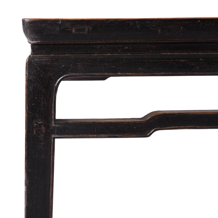 Corner Detail From 19th Century Chinese Elm Square Coffee Table From Shanxi Province With Shaped Apron And Warm Patina | Indigo Antiques
